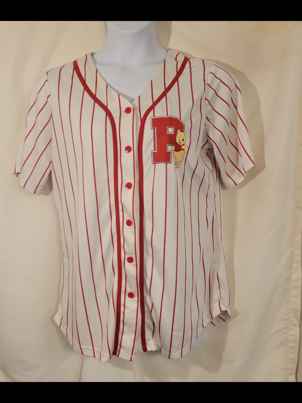 Disney Winnie the Pooh Pinstripe Baseball Jersey Top XL Red White